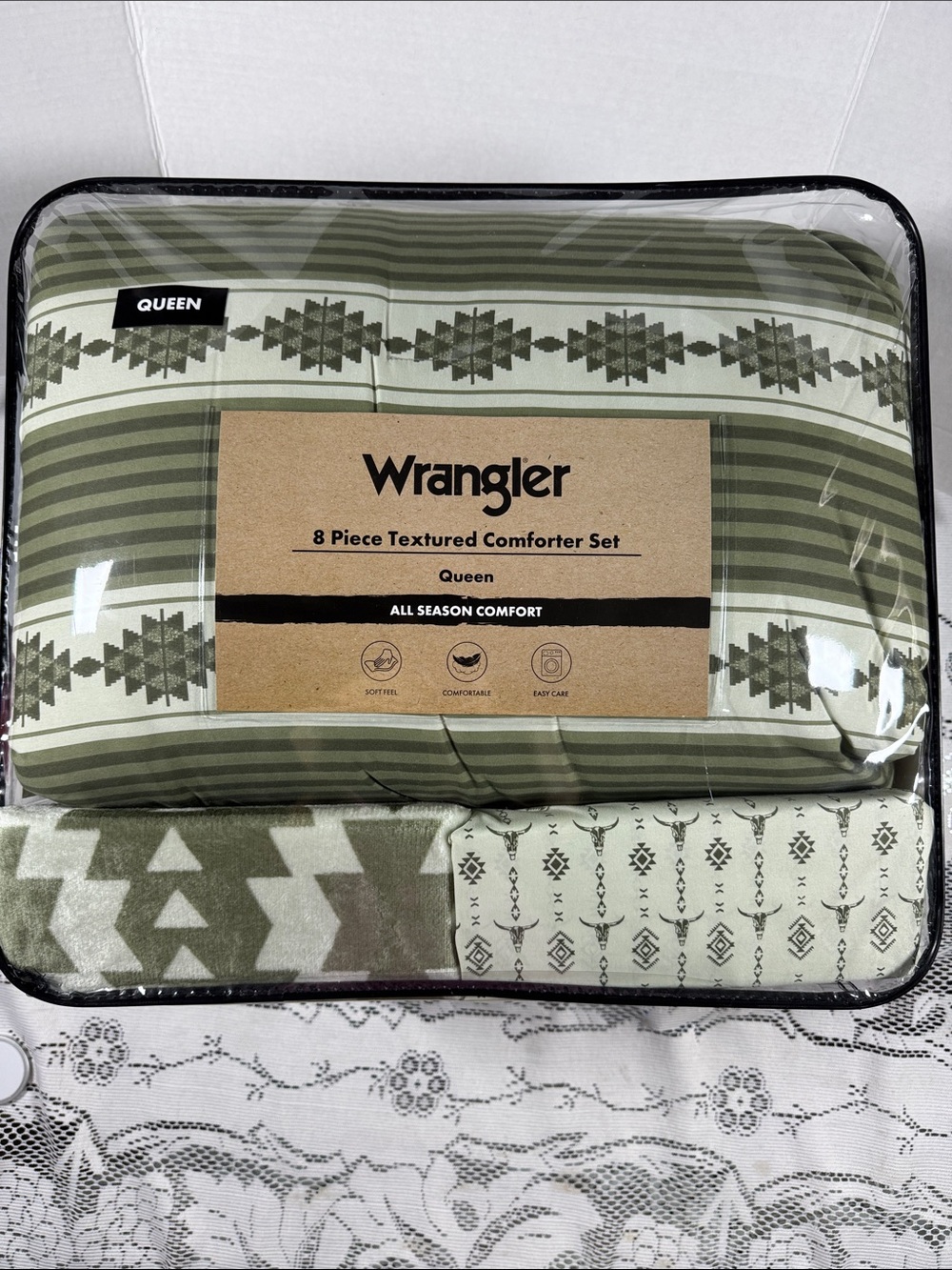 Wrangler Queen Size 8 Piece Comforter Set Green Desert Mirage Steer Head Stripe